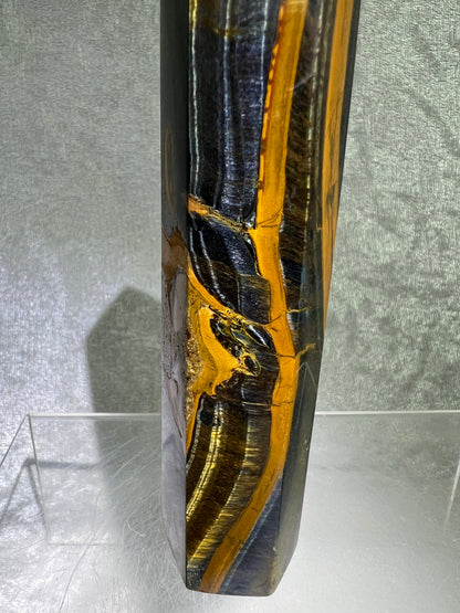 Blue Tigers Eye Tower. 5.85 Inches. Amazing Large Hawks Eye Crystal. Gorgeous Display Tower