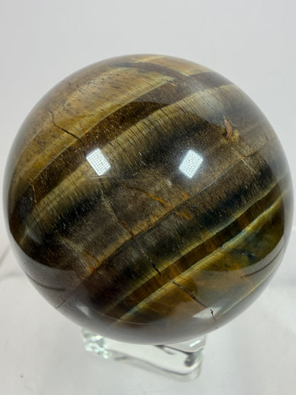 Blue Tigers Eye Sphere. 49mm. Rare Blue And Gold Hawks Eye Crystal. Beautiful Colors And Flash
