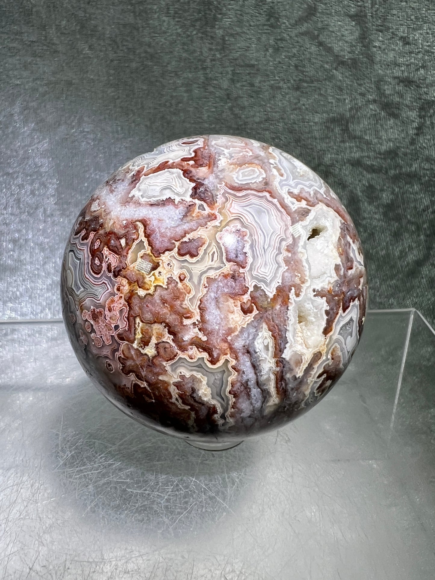 Mexican Crazy Lace Agate Sphere. Gorgeous High Quality With Amazing Druzy And Patterns. Rare Shades Of Pink.
