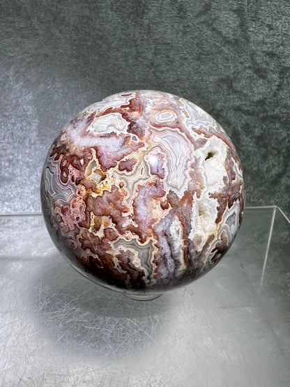 Mexican Crazy Lace Agate Sphere. Gorgeous High Quality With Amazing Druzy And Patterns. Rare Shades Of Pink.