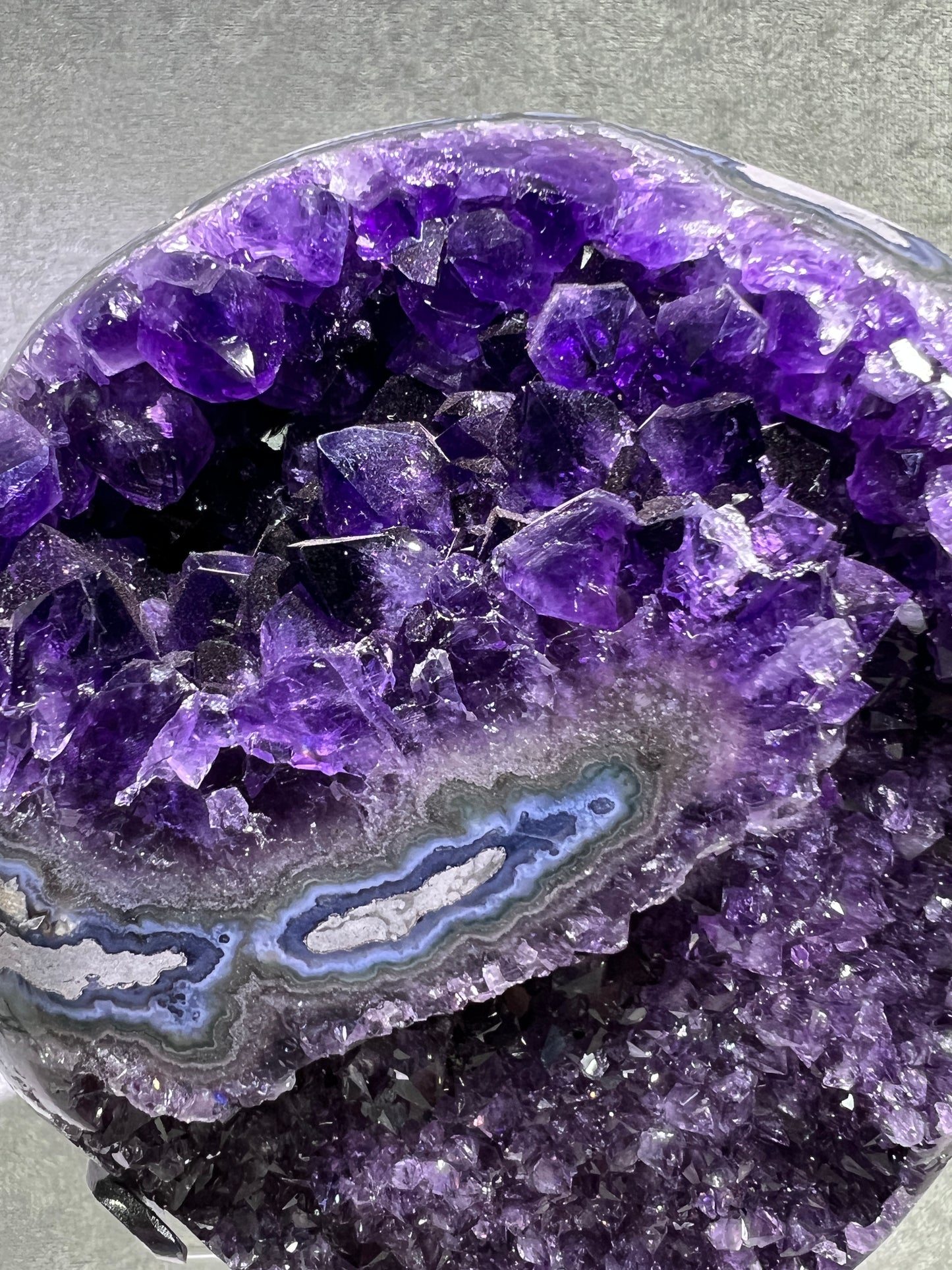 Amethyst Geode Specimen. World Class Uruguayan Specimen. Stunning Top Quality Statement Piece! Custom Made Steel Stand