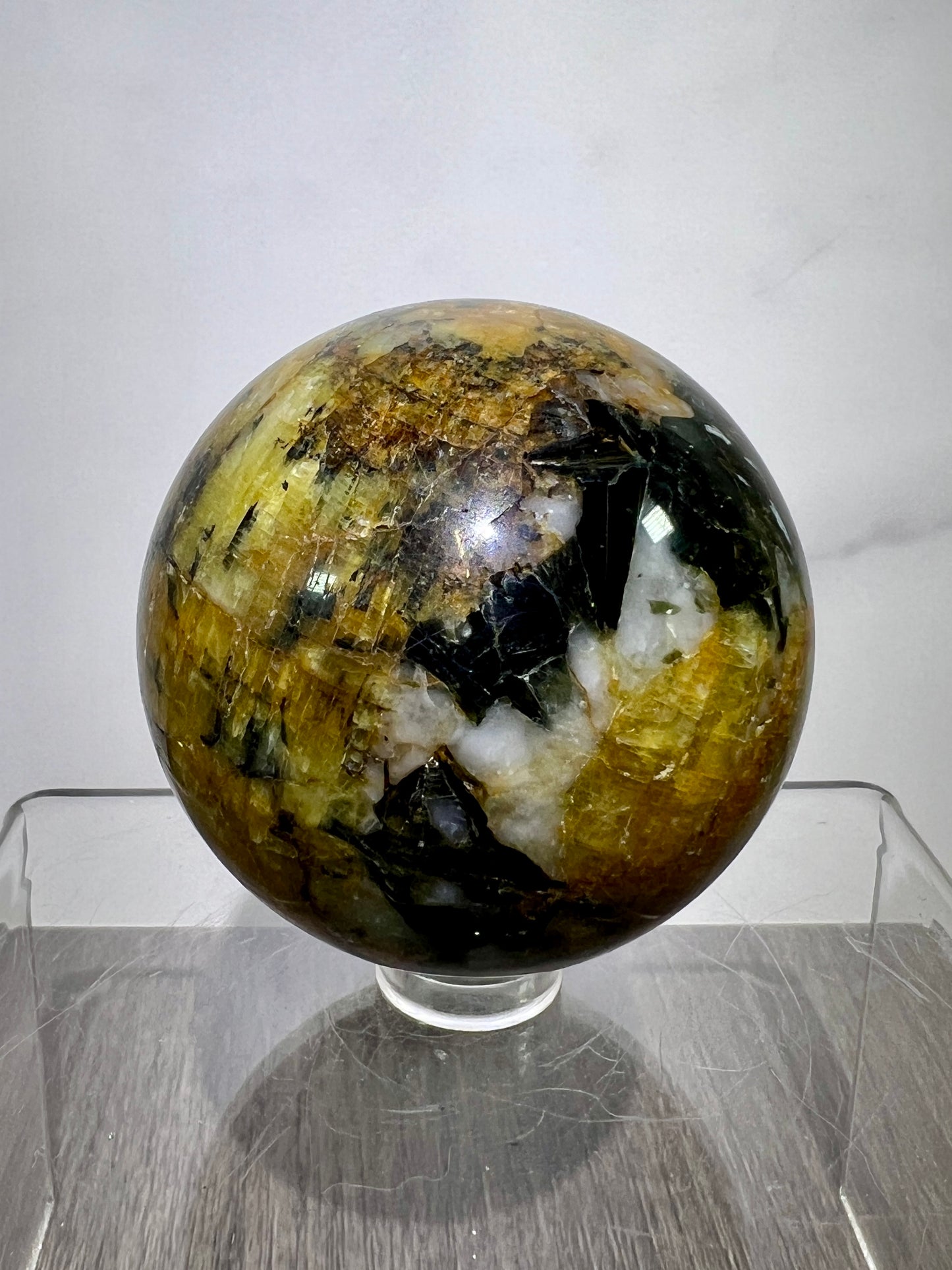 Yellow Tourmaline And Black Mica Sphere. 54mm. Rare New Discovery. Stunning And Flashy Display Sphere.