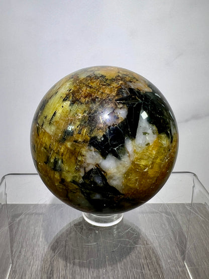 Yellow Tourmaline And Black Mica Sphere. 54mm. Rare New Discovery. Stunning And Flashy Display Sphere.