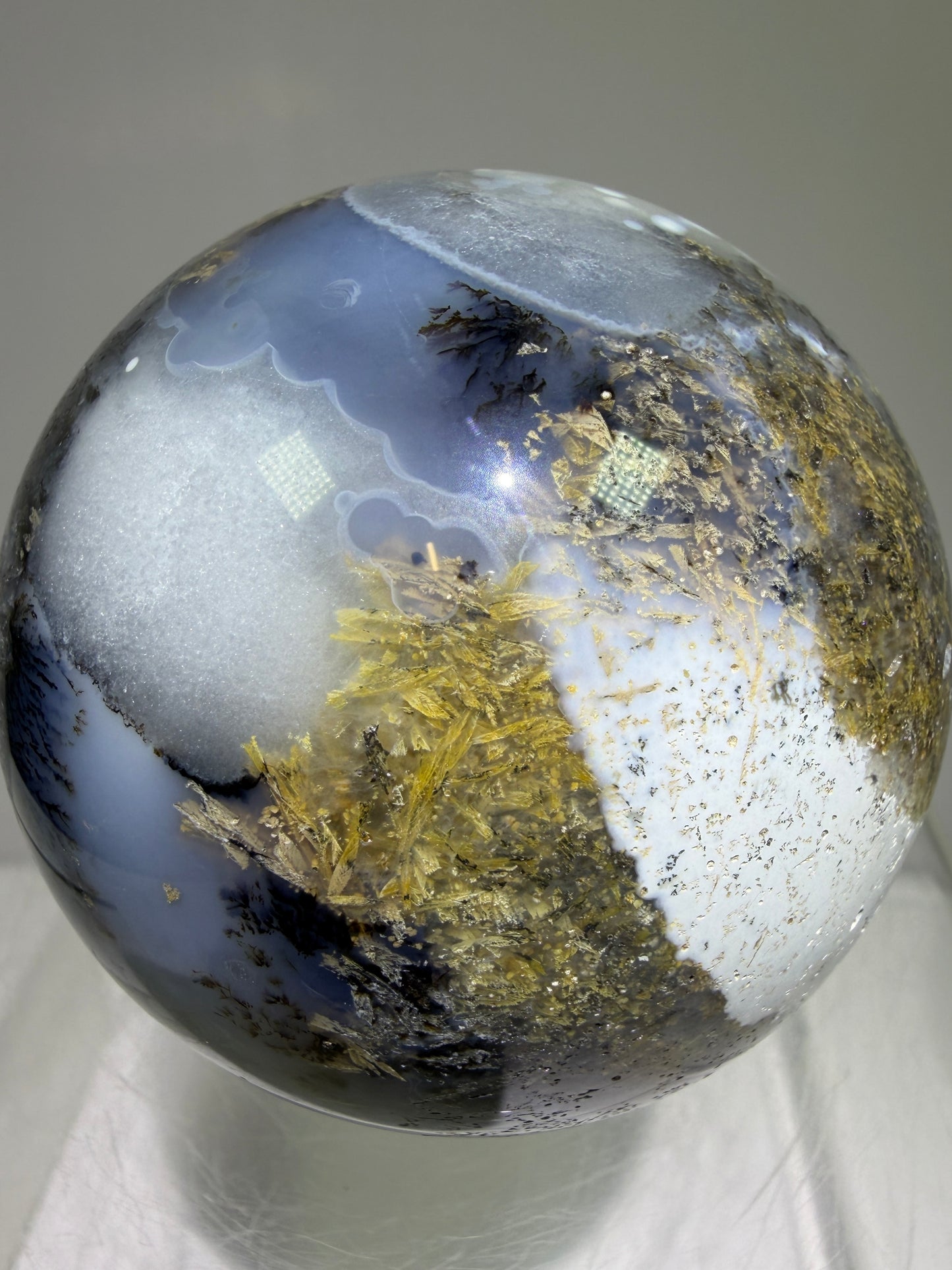 Sagenite Crystal Sphere. 66mm. Incredible Sagenite Plumes With Dendritic Agate. Rare And Unique Crystal Display Sphere