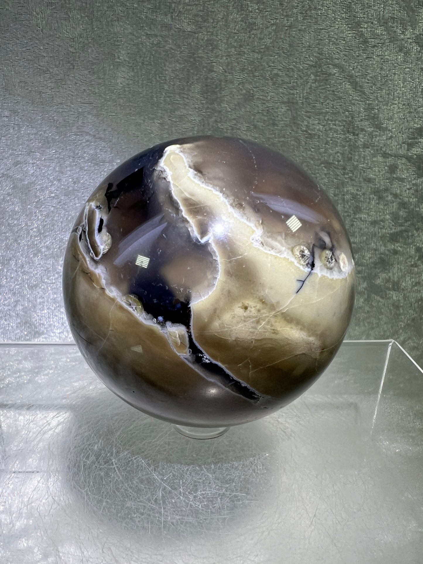 Volcano Agate With Purple Chalcedony Sphere. 68mm. Beautiful Rare Purple And Green UV Reaction. Amazing High Quality Display Sphere.