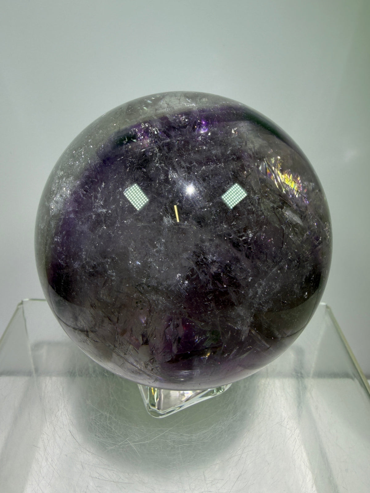 Phantom Amethyst Sphere. 74mm. Gorgeous Amethyst With Nice Rainbows. Amazing Display Sphere.