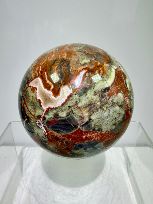 Money Agate Crystal Sphere. 65mm. Very Rare Shades Of Green. Stunning Indonesian Bloodstone. Amazing Colors And Patterns