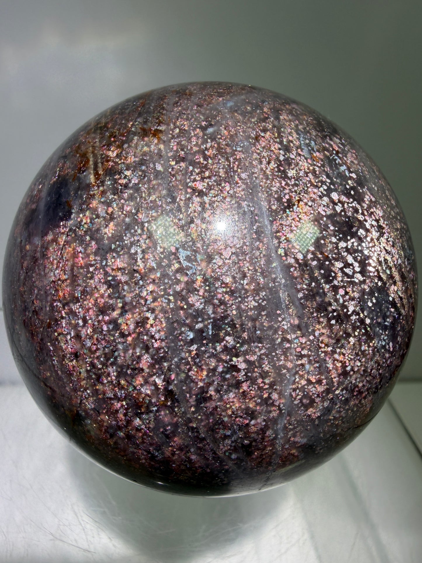 Bloodshot Iolite Sphere. 64mm. Stunning Galaxy Iolite Sunstone Display Sphere. Amazing And Colorful Flash!