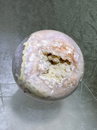Flower Agate Sphere. 82mm. Stunning Druzy On This Large Centerpiece. Gorgeous One Of A Kind Display Sphere.
