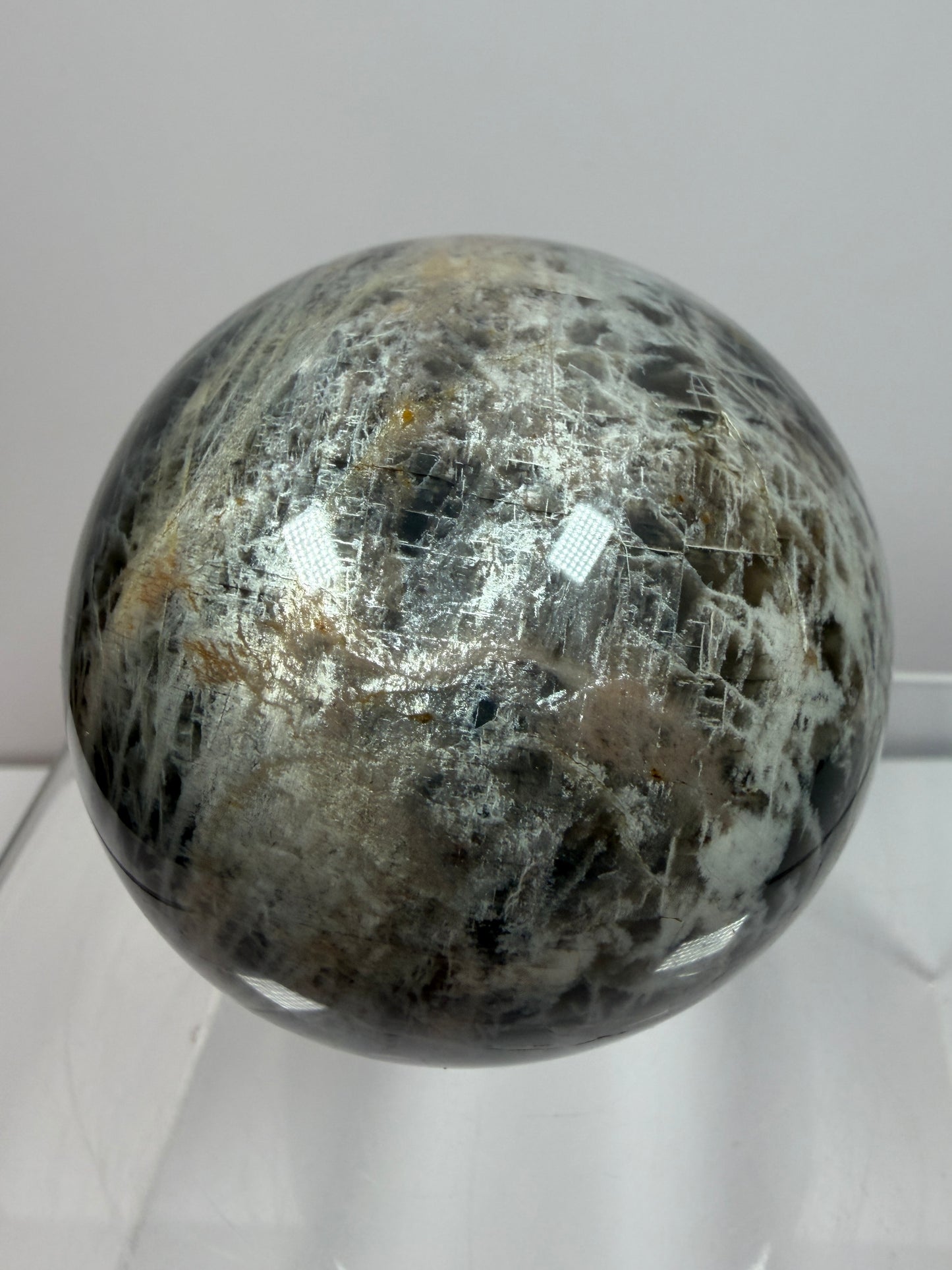 Black Moonstone Crystal Sphere. 66mm. Stunning Bright Silver Flash. High Quality Display Sphere