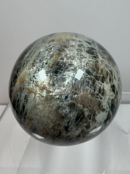 Black Moonstone Crystal Sphere. 66mm. Stunning Bright Silver Flash. High Quality Display Sphere