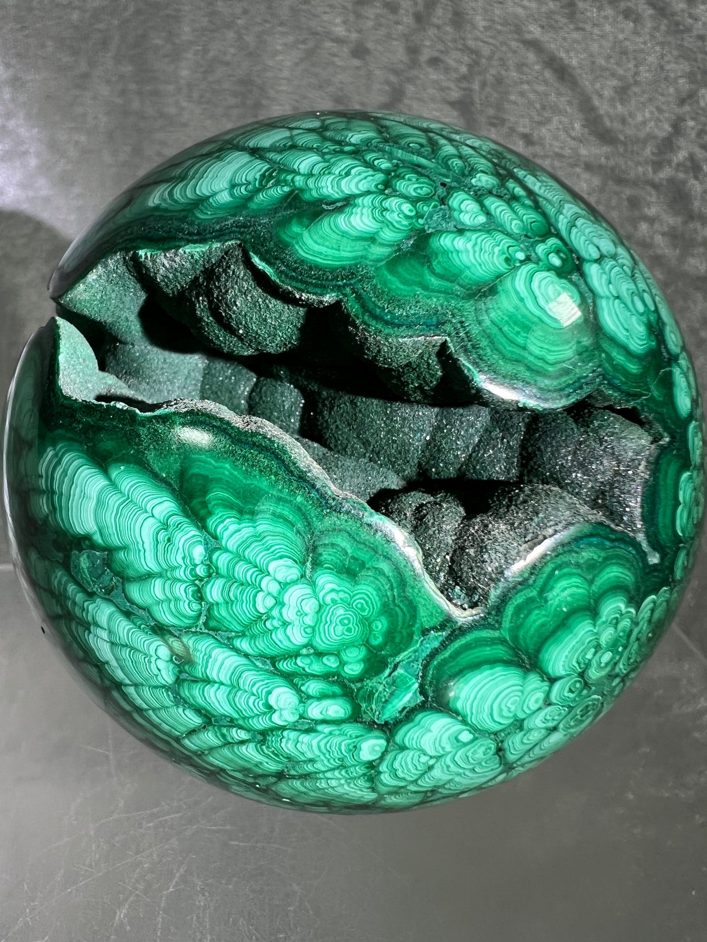 Malachite Crystal Sphere. 78mm. Incredible Large Druzy Malachite. Very High Quality Rare Display Sphere. Show Stopper!