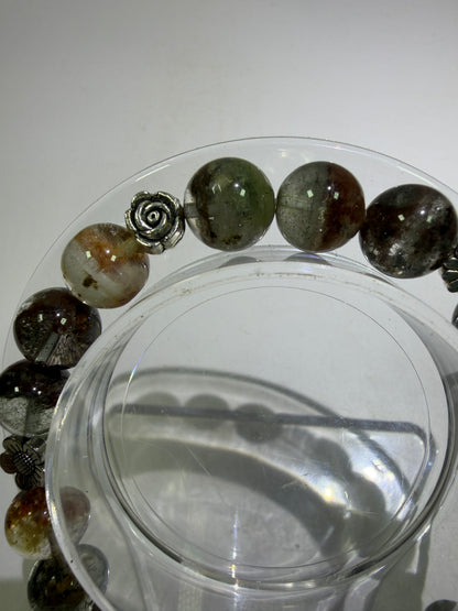 Garden Quartz Crystal Bead Bracelet. Incredible Lodolite Bracelet. 9.5mm. Amazing Flower Spacers.