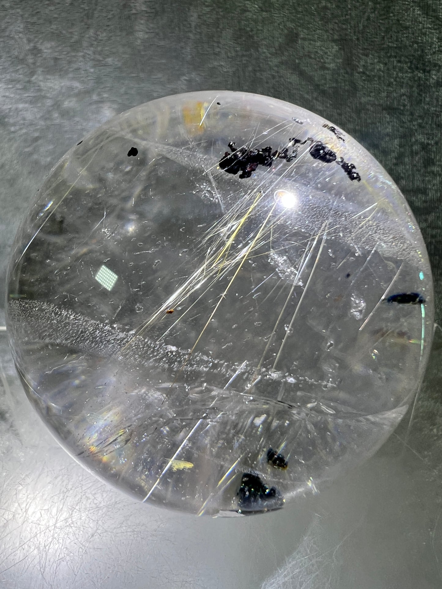 Rutile Quartz Sphere. 75mm. Large High Quality Display Sphere. Gorgeous Garden Quartz, Big Rainbows, And Golden Rutile Inclusions.