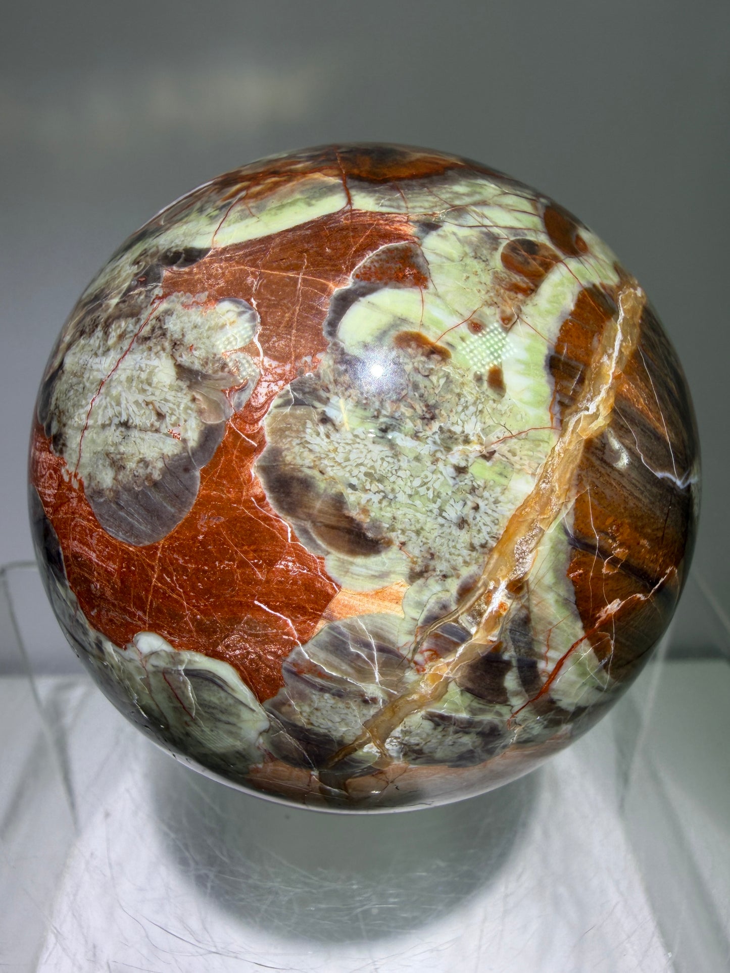 Money Agate Crystal Sphere. 65mm. Very Rare Shades Of Green. Stunning Indonesian Bloodstone. Amazing Colors And Patterns