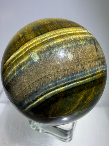 Blue Tigers Eye Sphere. 49mm. Rare Blue And Gold Hawks Eye Crystal. Beautiful Colors And Flash