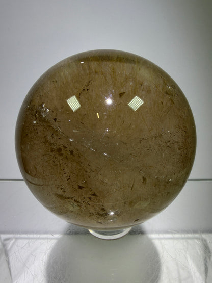 Rutile Quartz Sphere. 55mm. Unique Smoky Quartz With Stunning Golden Rutile Inclusions.