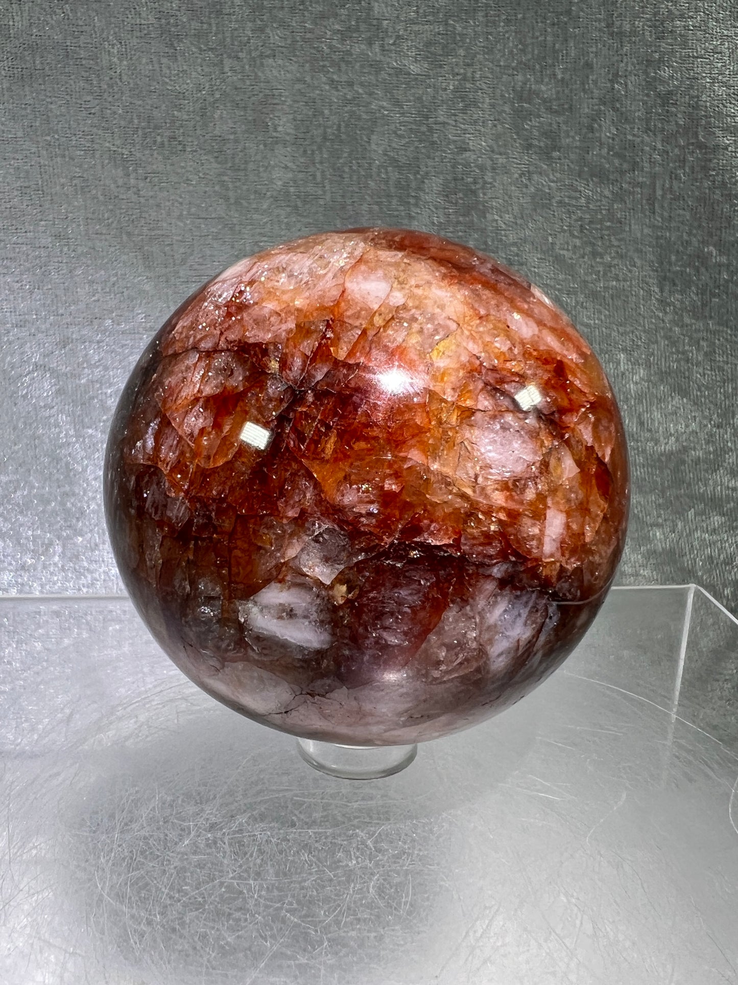 Fire Quartz Sphere. 63mm. Gorgeous Flash And Crystallization. High Quality Hematoid Crystal From Madagascar.