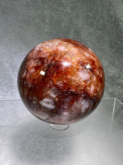 Fire Quartz Sphere. 63mm. Gorgeous Flash And Crystallization. High Quality Hematoid Crystal From Madagascar.