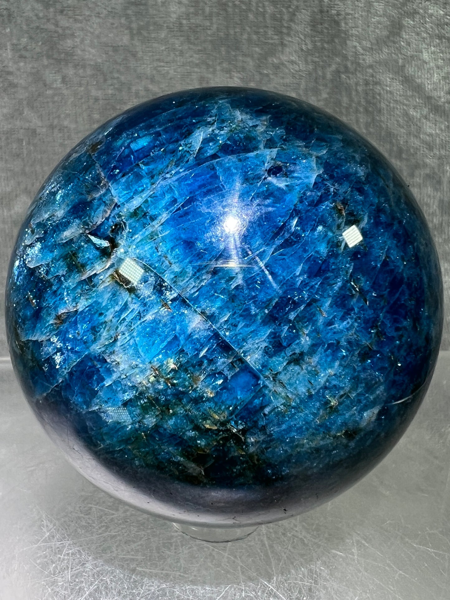 Blue Apatite Crystal Sphere. 58mm. Stunning Deep Blue With Lots Of Iridescent Flash. High Quality Display Sphere