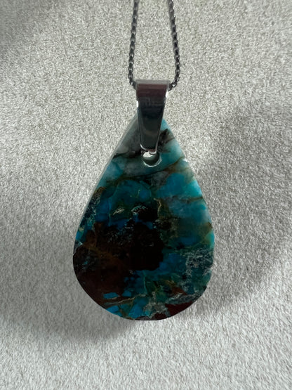 Chrysocolla Teardrop Pendant. Rare Water And Wine Chrysocolla From Peru. Stunning Color Combination. Includes S925 Silver Necklace.