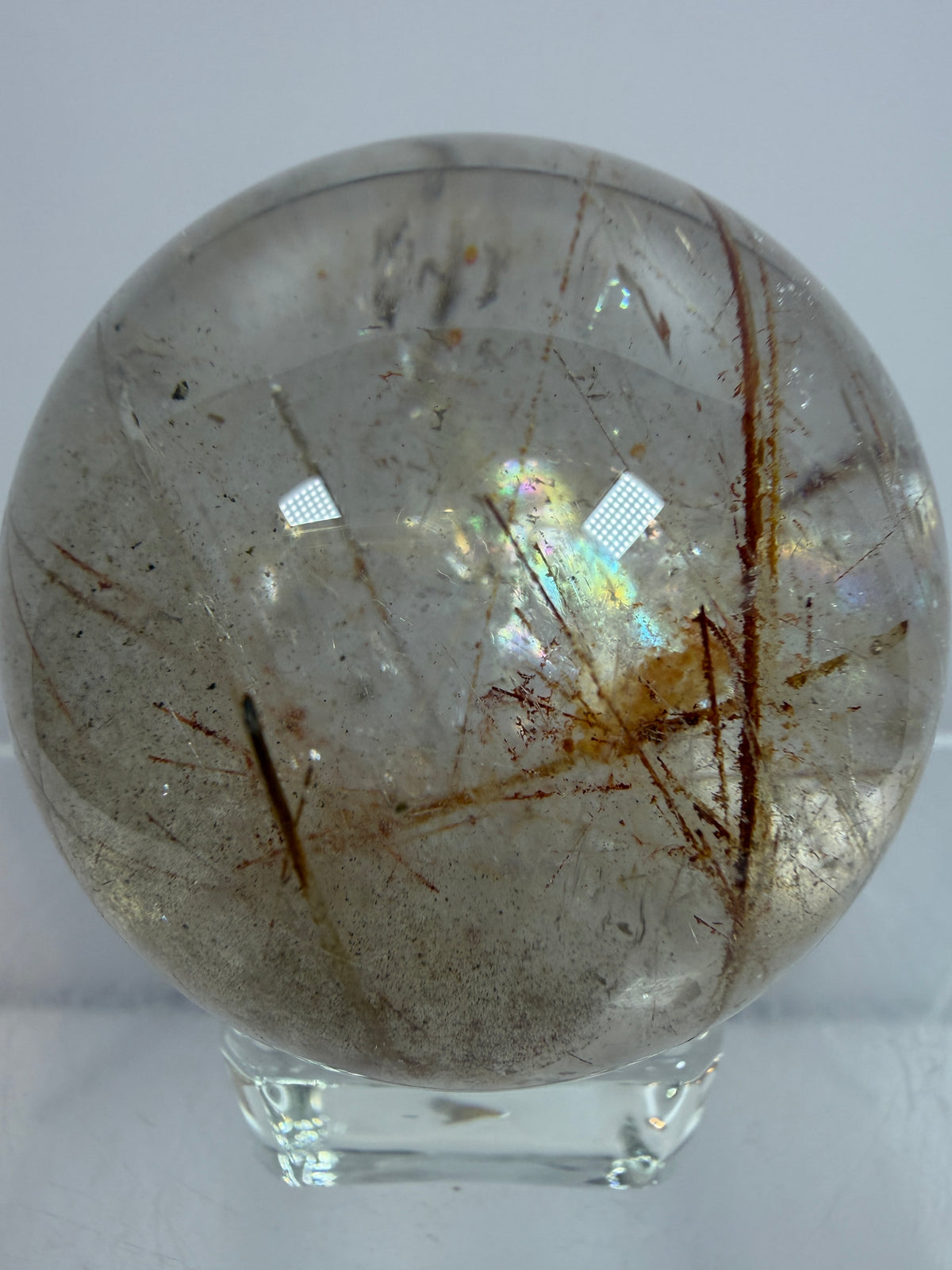 Rutile And Tourmaline Quartz Sphere. 43mm. Incredible Rainbows, With Phantoms And Spots Of Lodolite. Very Rare Display Sphere