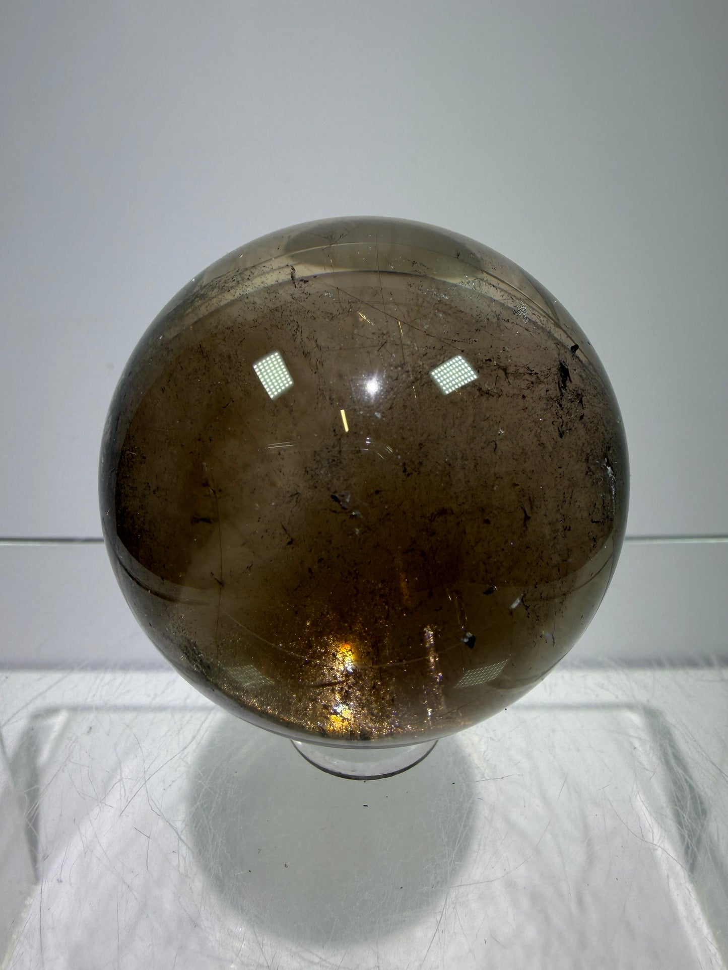 Rutile Quartz Sphere. 46mm. Unique Smoky Quartz With Stunning Golden Rutile Inclusions.