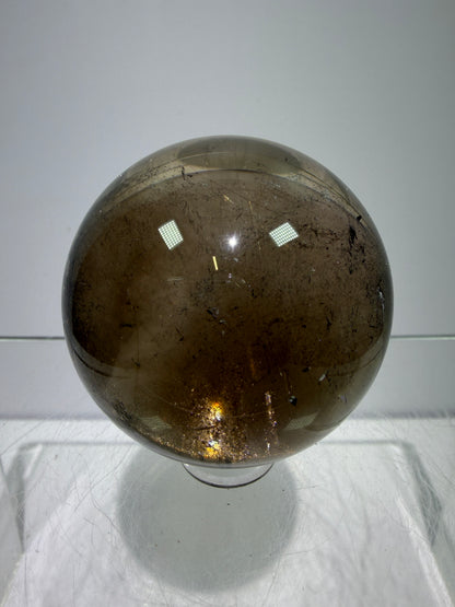 Rutile Quartz Sphere. 46mm. Unique Smoky Quartz With Stunning Golden Rutile Inclusions.