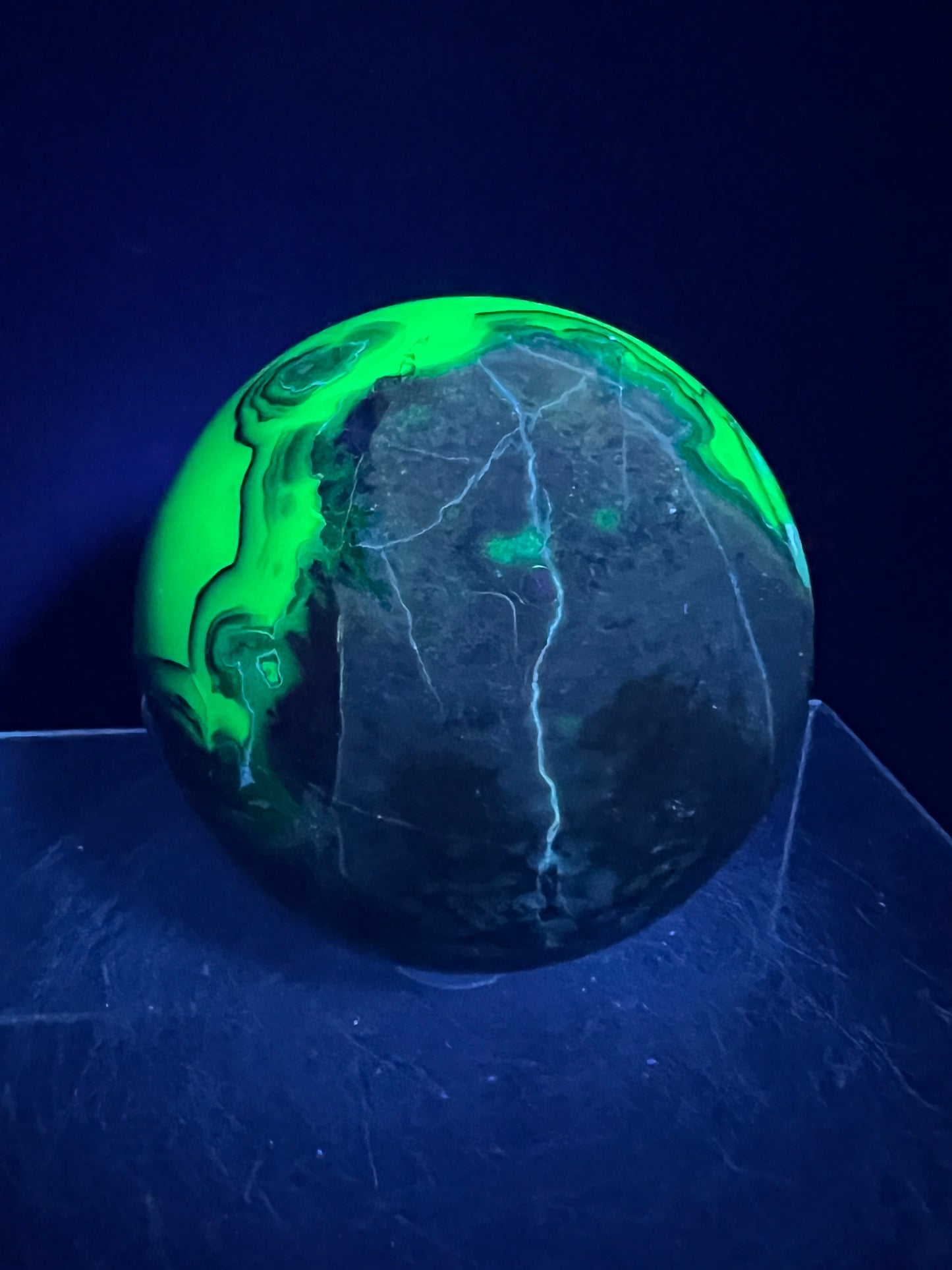 Volcano Agate Sphere. 71mm. Gorgeous Blue Druzy. Intense Green UV Reactive Sphere. Awesome Color Contrast.