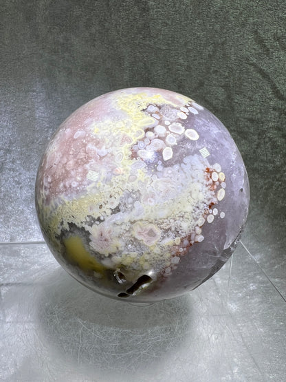 Flower Agate Sphere. 82mm. Stunning Druzy On This Large Centerpiece. Gorgeous One Of A Kind Display Sphere.
