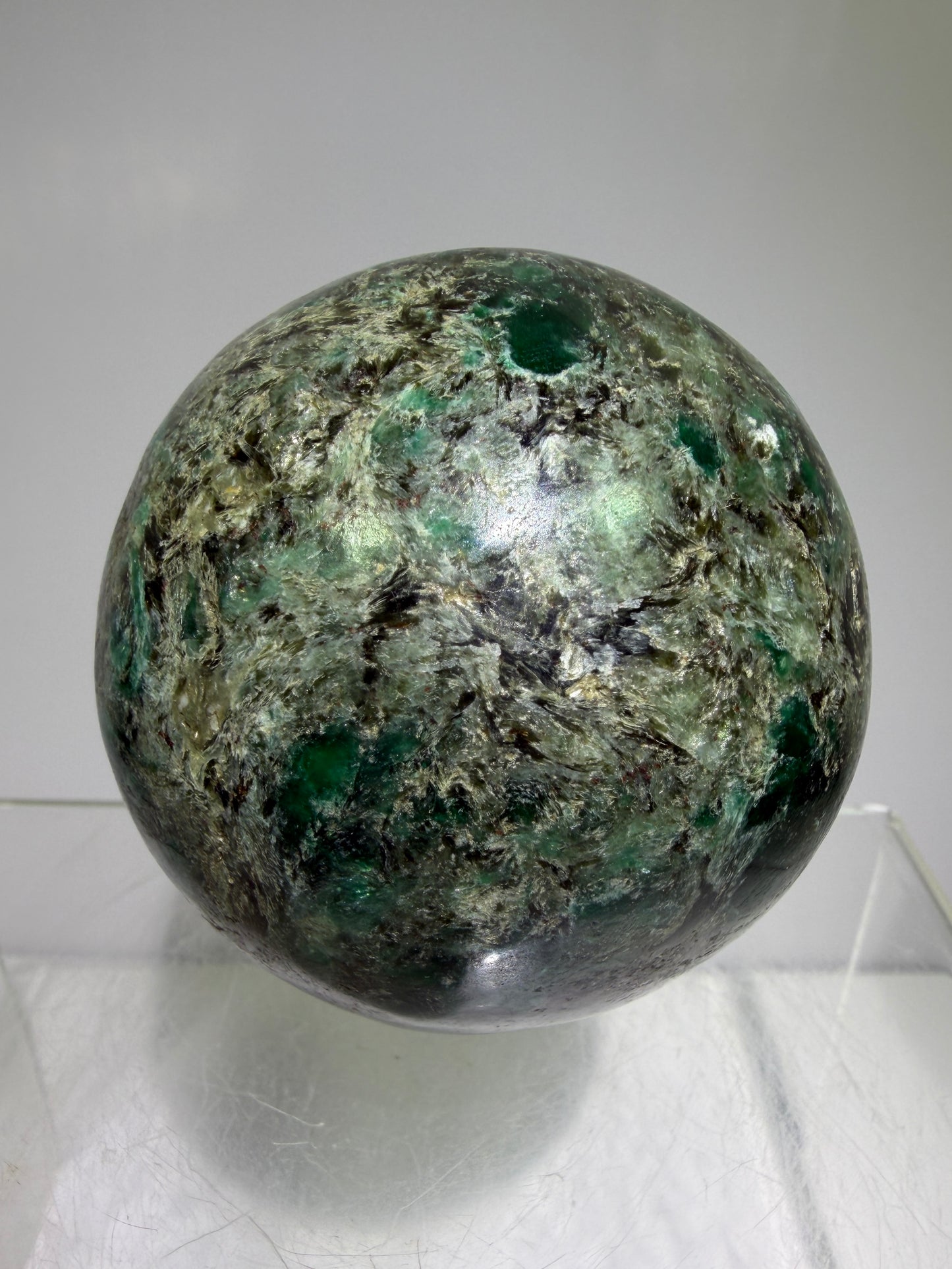 Emerald Mica In Matrix Crystal Sphere. 64mm. Gorgeous Chrome Muscovite From Zimbabwe. Amazing One Of A Kind Rare Display Crystal