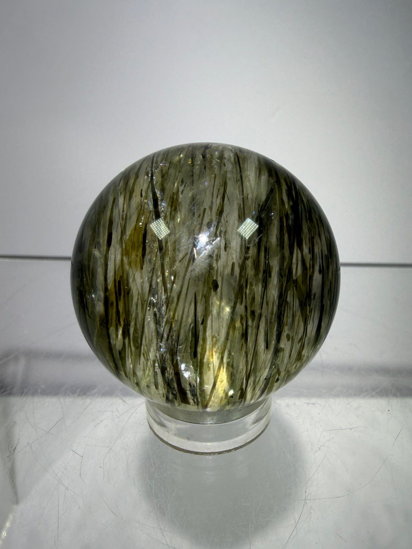 Green Tourmaline Quartz Sphere. Incredible Green Rutile Sphere. Tourmalinated Quartz Display Crystal