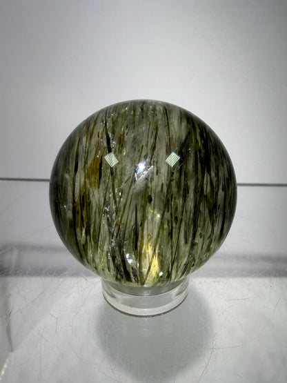 Green Tourmaline Quartz Sphere. Incredible Green Rutile Sphere. Tourmalinated Quartz Display Crystal