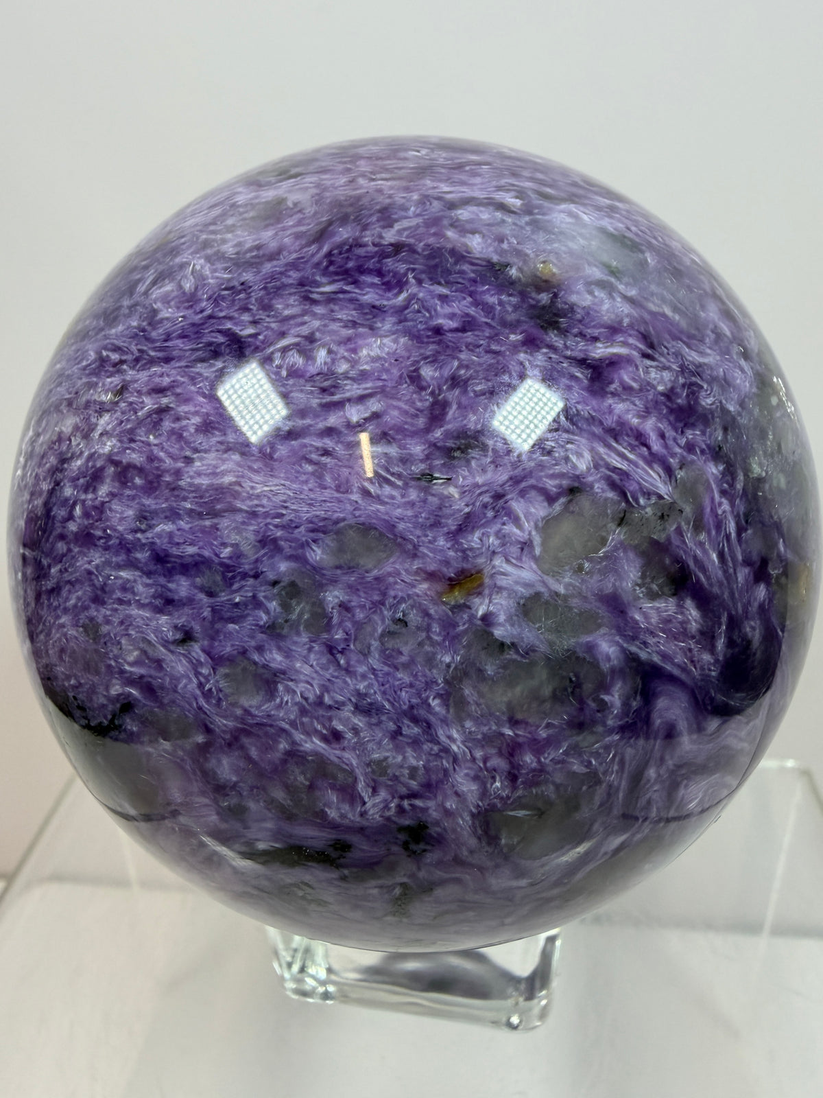 Charoite Crystal Sphere. 79mm. XL High Quality Stunning Crystal. Amazing Patterns And Flash. Gorgeous UV Reaction.