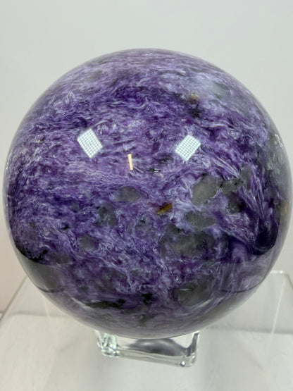 Charoite Crystal Sphere. 79mm. XL High Quality Stunning Crystal. Amazing Patterns And Flash. Gorgeous UV Reaction.