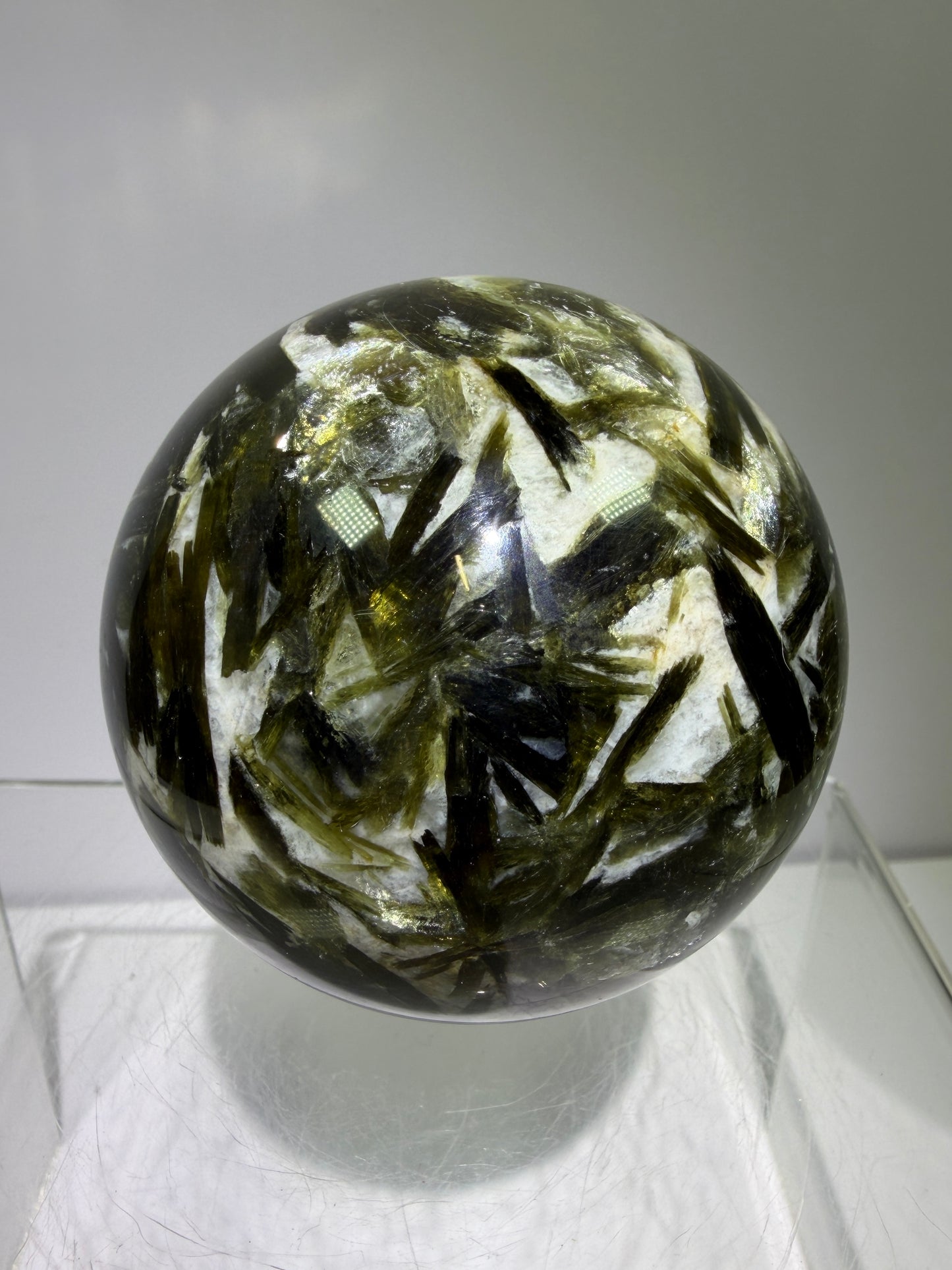 Green Mica And Garnet Sphere. 65mm. Rare Flashy Green Mica With Red Garnet. Gorgeous High Quality Crystal.