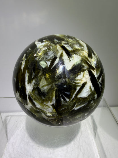 Green Mica And Garnet Sphere. 65mm. Rare Flashy Green Mica With Red Garnet. Gorgeous High Quality Crystal.