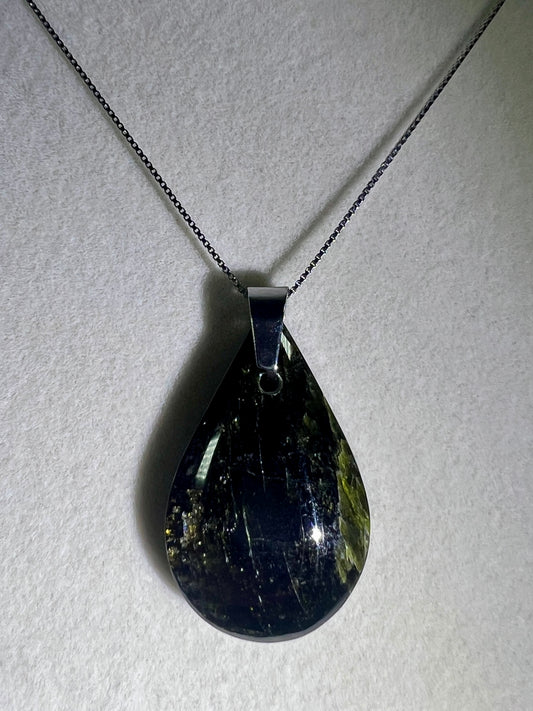Epidote Teardrop Pendant. High Quality Gorgeous Epidote With Internal Fire From Peru. Amazing Yellow Flash. Includes S925 Silver Necklace.