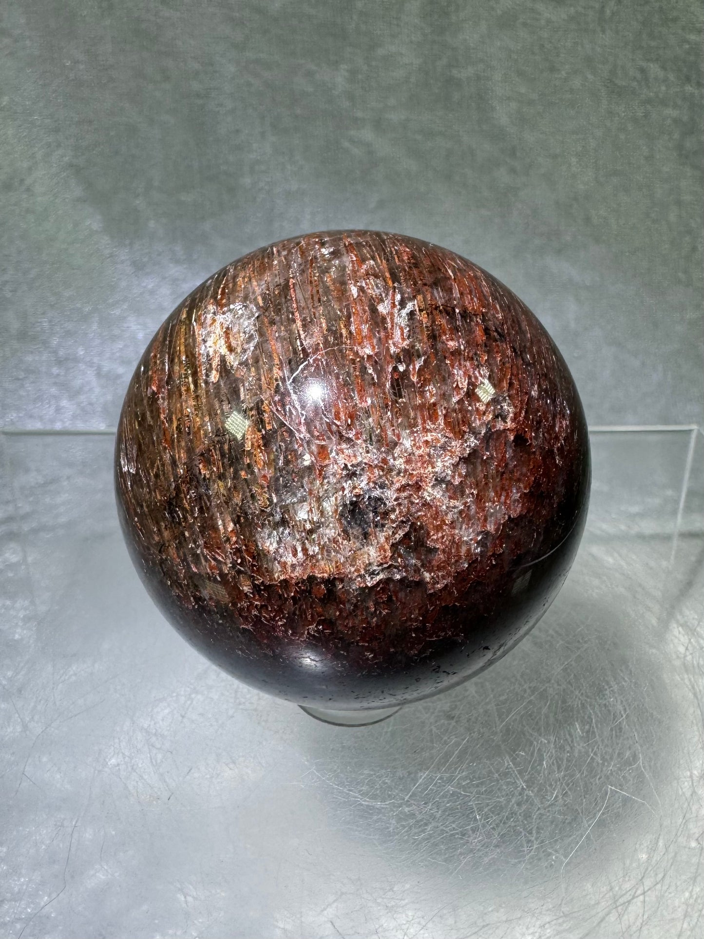 Tourmalinated Quartz Sphere. 54mm. Gorgeous Red Tourmaline Inclusions. Unique And Rare Display Sphere.