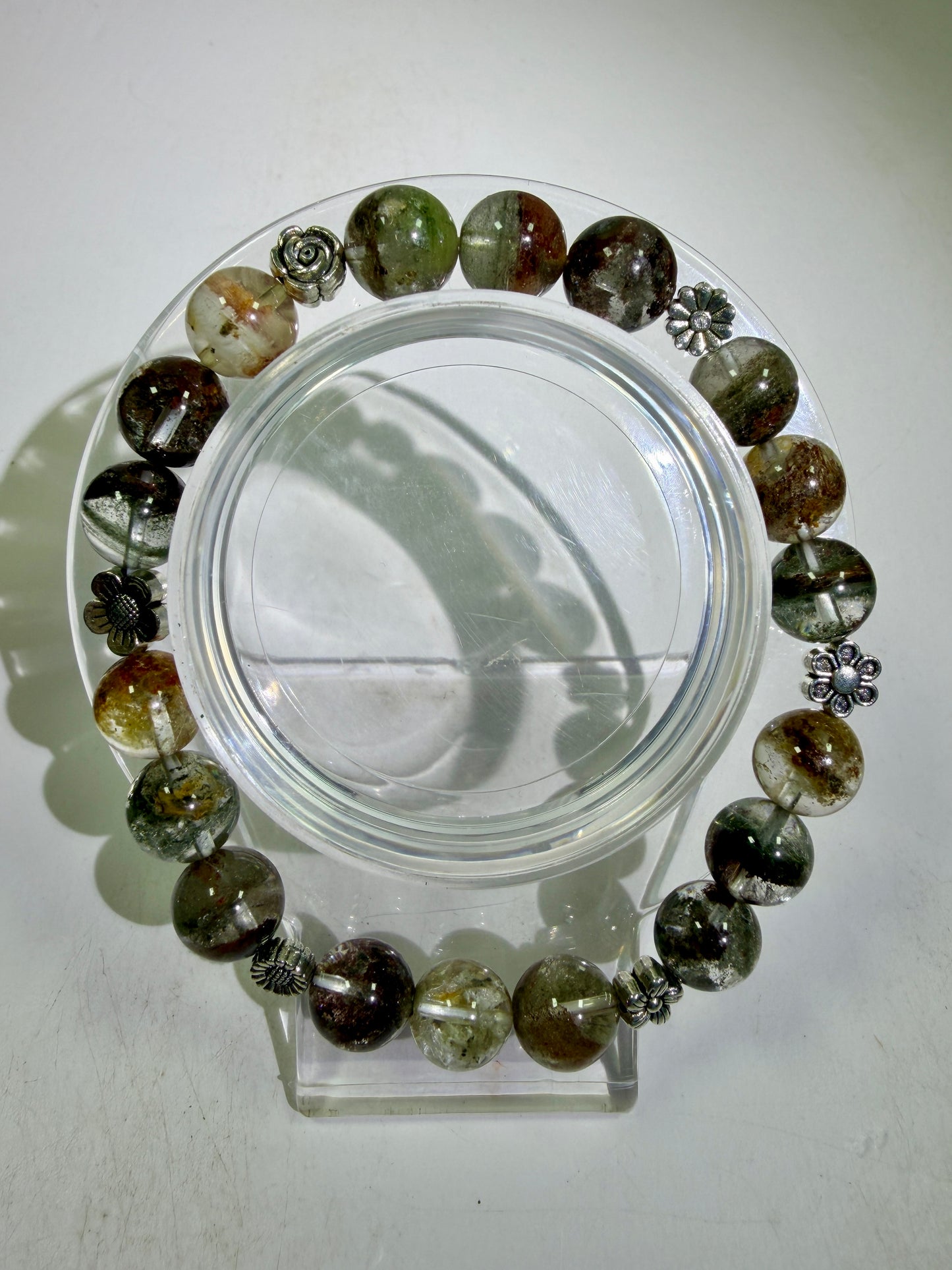 Garden Quartz Crystal Bead Bracelet. Incredible Lodolite Bracelet. 9.5mm. Amazing Flower Spacers.