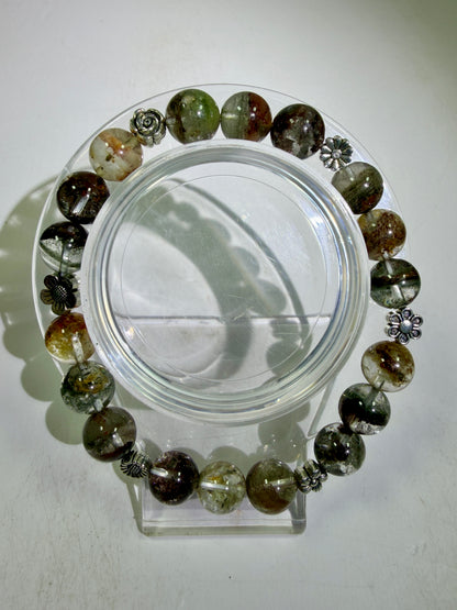 Garden Quartz Crystal Bead Bracelet. Incredible Lodolite Bracelet. 9.5mm. Amazing Flower Spacers.