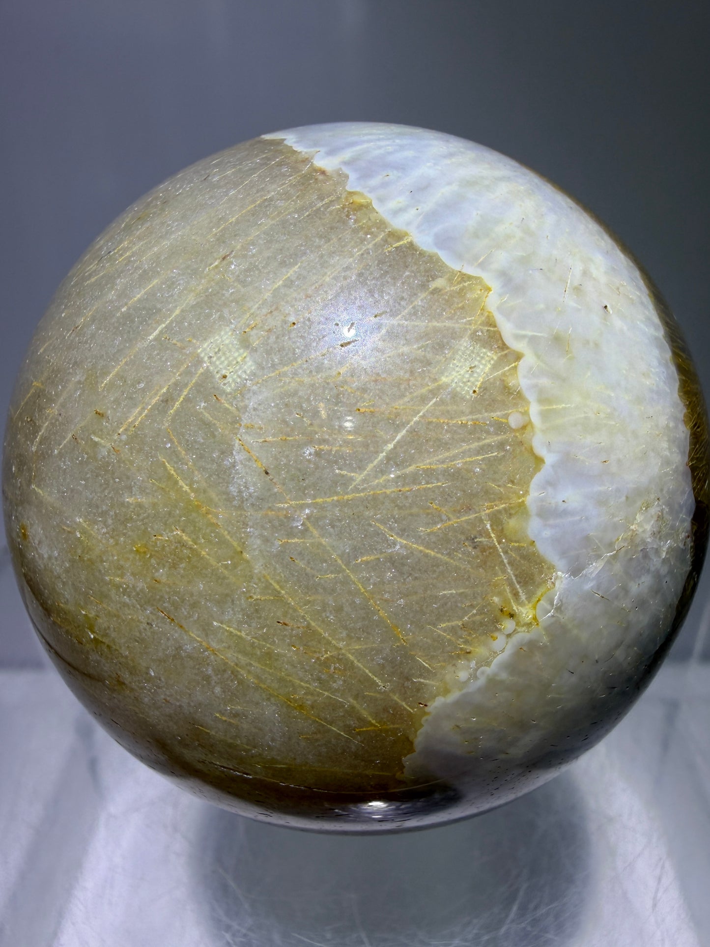 Sagenite Crystal Sphere. 61mm. Incredible Sagenite Plumes With Dendritic Agate. Rare And Unique Crystal Display Sphere