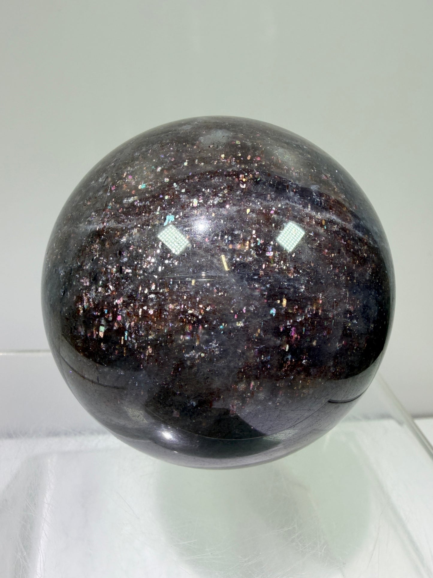 Bloodshot Iolite Sphere. 64mm. Stunning Galaxy Iolite Sunstone Display Sphere. Amazing And Colorful Flash!