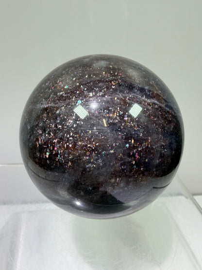 Bloodshot Iolite Sphere. 64mm. Stunning Galaxy Iolite Sunstone Display Sphere. Amazing And Colorful Flash!