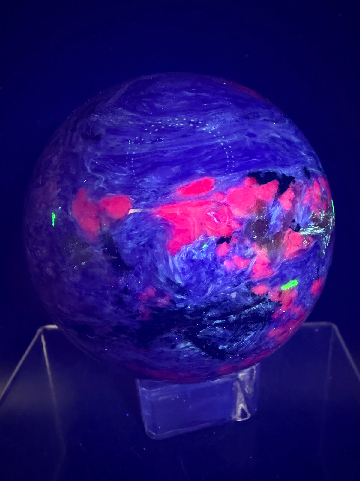 Charoite Crystal Sphere. 79mm. XL High Quality Stunning Crystal. Amazing Patterns And Flash. Gorgeous UV Reaction.