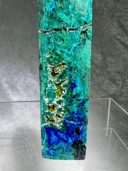 Azurite, Chrysocolla, And Malachite Druzy Tower. Rare And Beautiful Crystal Point.