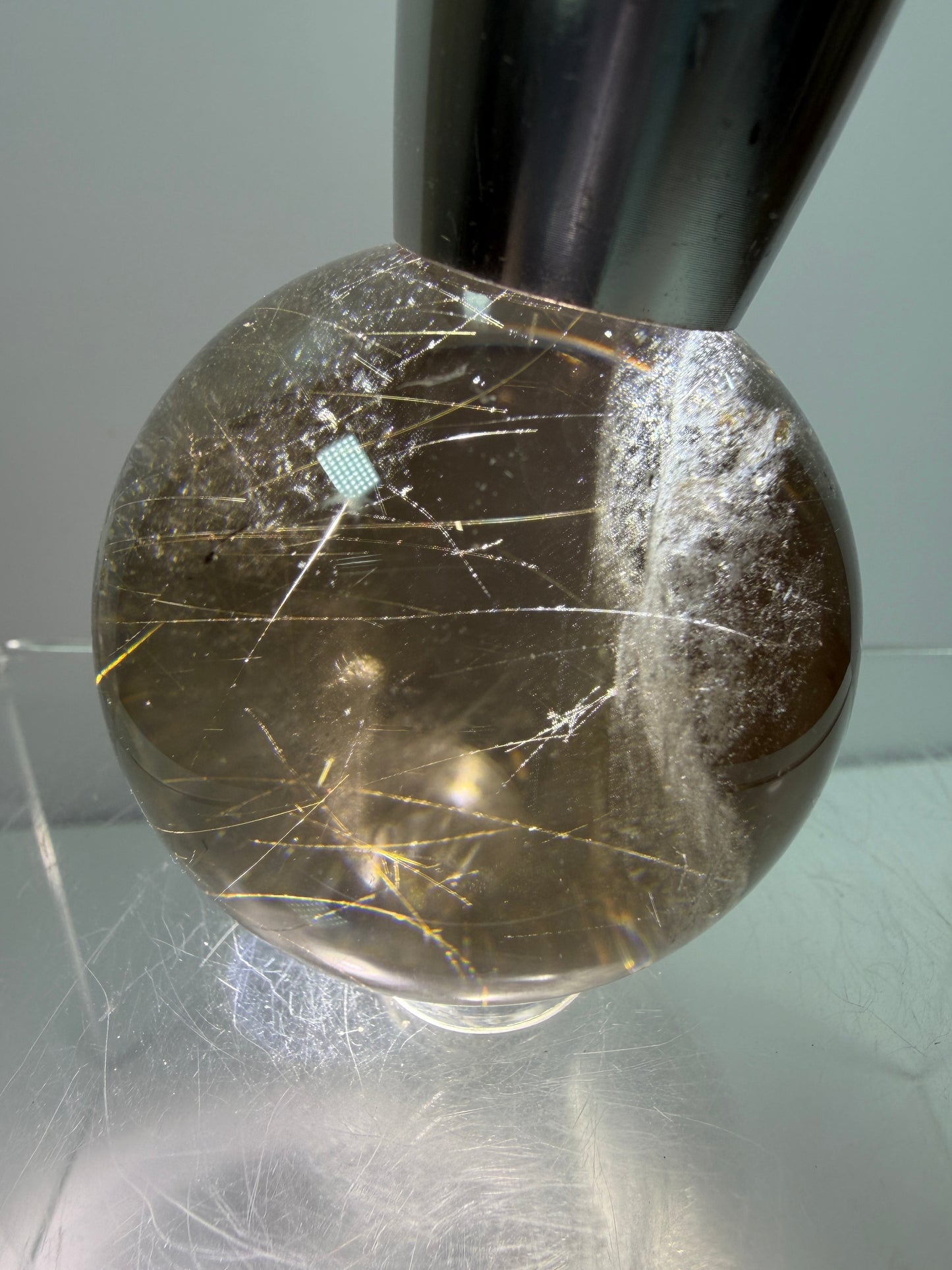 Rutile Quartz Sphere. 46mm. Unique Smoky Quartz With Stunning Golden Rutile Inclusions.