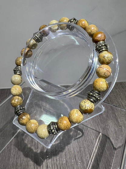 Petrified Wood Crystal Bead Bracelet. 8mm. Unique Crystal Bracelet With Cool Spacers.