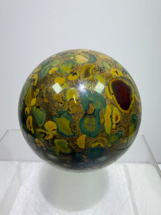 Fruit Jasper Sphere: 68mm Gorgeous Ajooba Jasper Sphere From India. High Quality Colorful Crystal