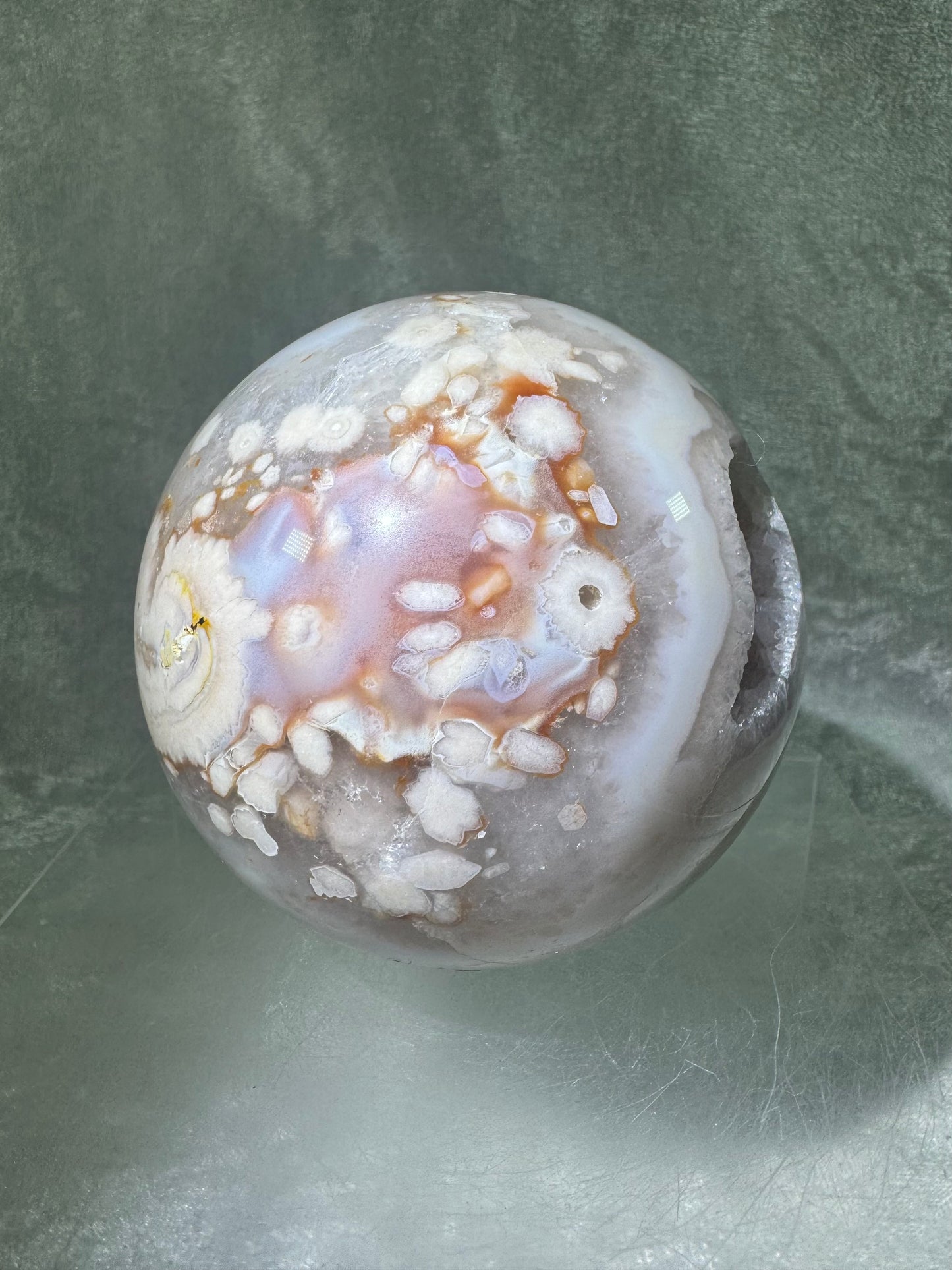 Flower Agate Sphere. 90mm. Beautiful Druzy On This Large Centerpiece. Amazing One Of A Kind Display Sphere.